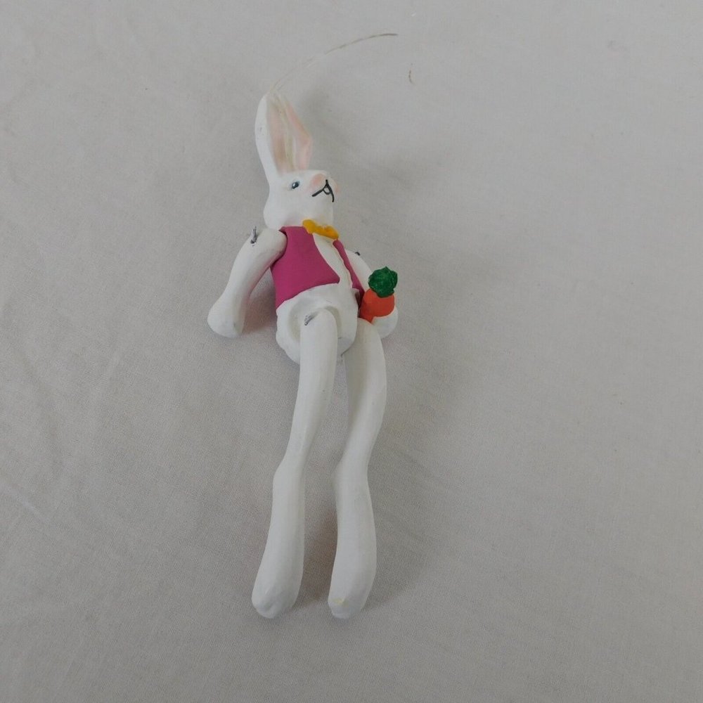 Dept 56 Bunny Rabbit Jointed Ornament Figurine Hanging Vest Bow Tie Carrot 6"